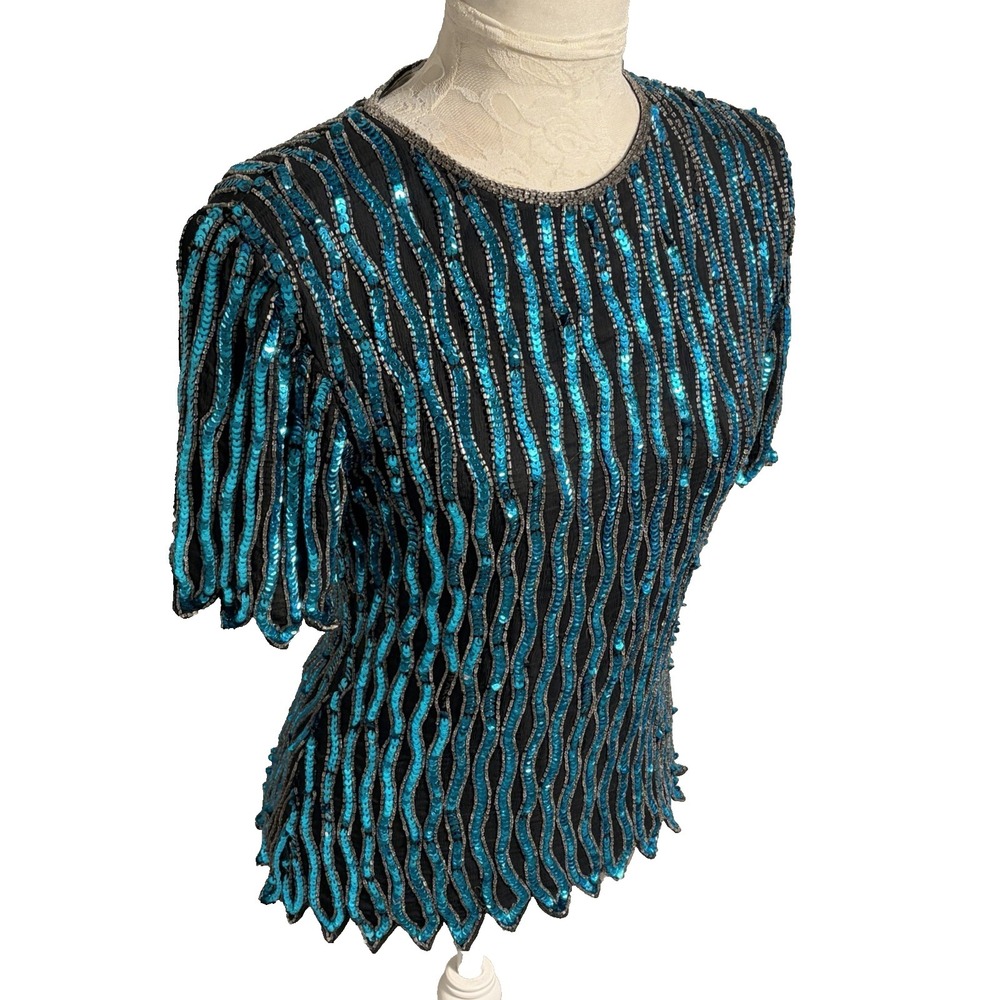 Vtg Stenay Silk Sequin Beaded Top~S~Turquoise Mermaid Hem Evening Formal Cruise